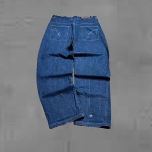 Mens Dark Wash Wide Leg Denim Jeans Loose Fit Casual